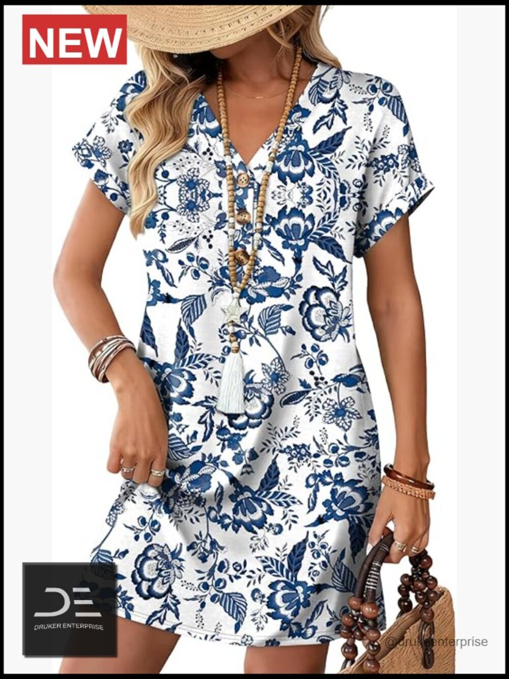 Summer Midi Dress with Sleeves Button Down Beach Vacation Casual Flowy V-Neck - Picture 1 of 6
